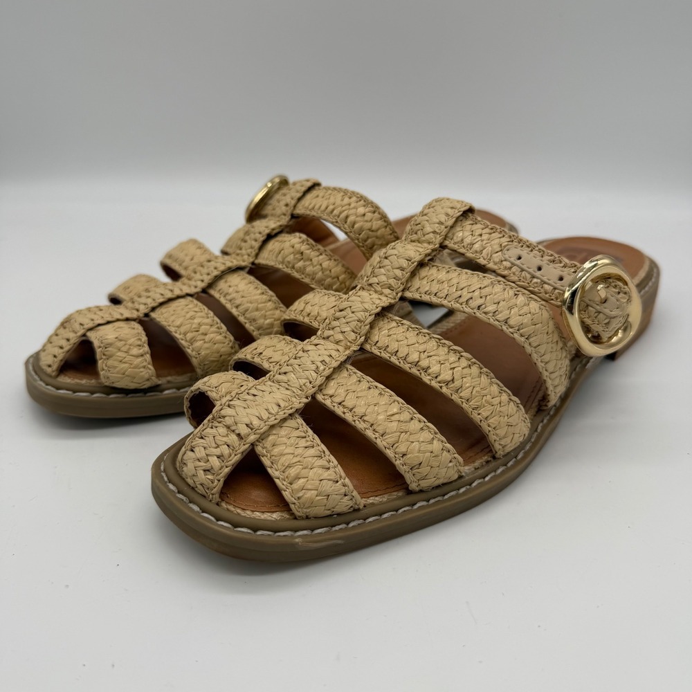 DV Dolce Vita Falcun Woven Fisherman Slide Sandals Tan Beige‎ Gold Buckle Sz 7.5